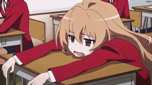 a girl leaning on a desk in a classroom with pepe written on the bottom
