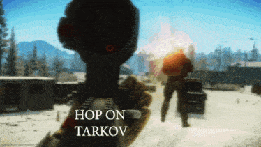 a screenshot of a video game with the words hop on tarkov