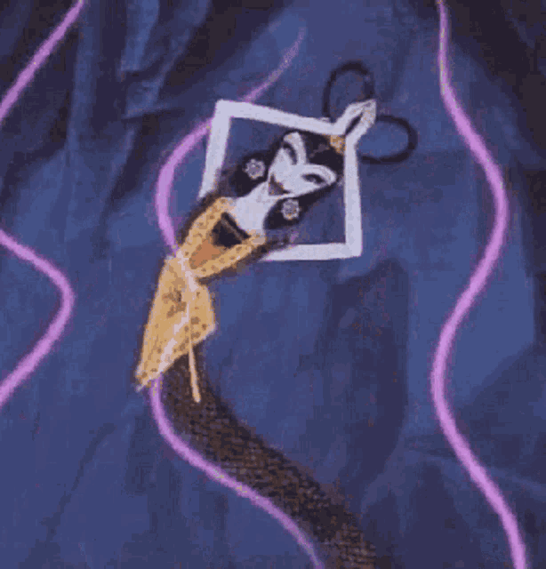 a cartoon character is flying through the air with a purple ribbon .