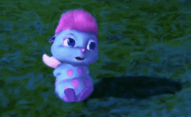 a cartoon character with purple hair is standing in the grass with its eyes closed .