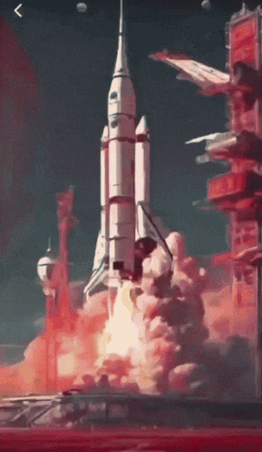 a painting of a space shuttle being launched with a red background