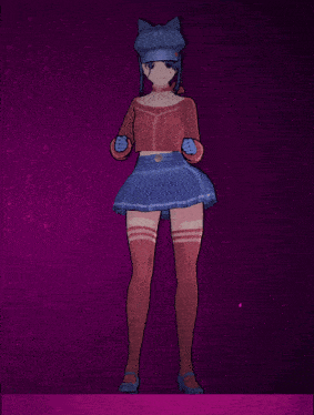 a girl in a red top and blue skirt is standing in front of a dark background