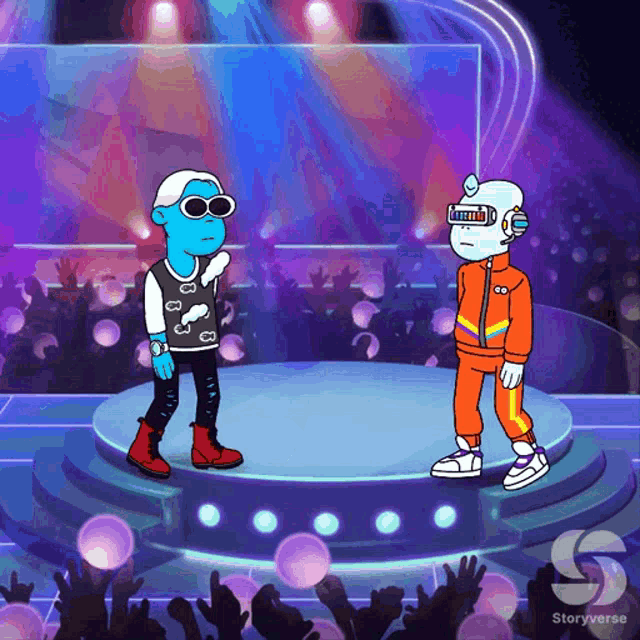 two cartoon characters standing on a stage in front of a crowd with the letters s on the bottom