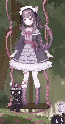 a girl in a maid outfit is standing on a swing with a stuffed animal that says i love you
