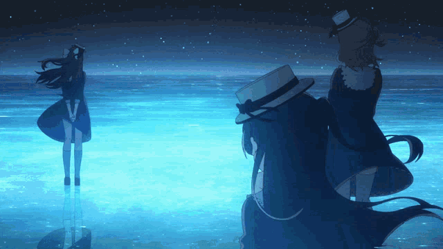 a couple of anime characters are standing in the water at night