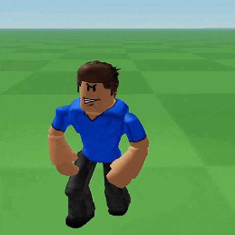 a man in a blue shirt and black pants is standing on a green field