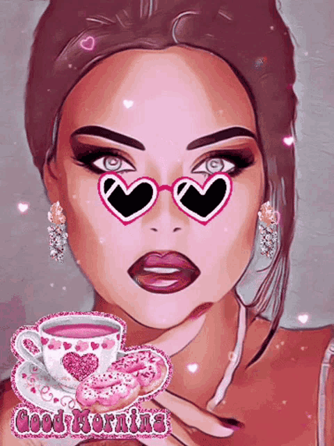 a woman wearing heart shaped sunglasses and a cup of tea