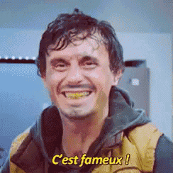 a man wearing a yellow vest is smiling and saying c'est fameux .