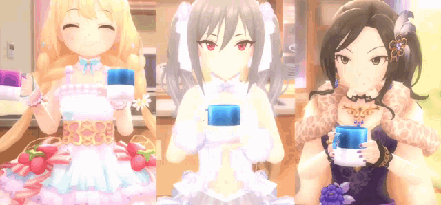 three anime girls are holding cups of coffee in their hands