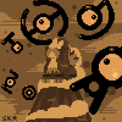 a pixel art drawing of a person surrounded by symbols with the letters ska on the bottom