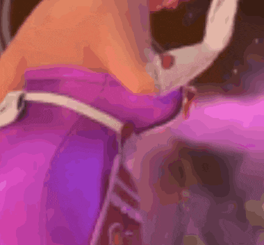 a woman in a purple dress and white gloves is standing in front of a crowd .