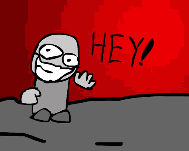 a cartoon character is standing in front of a red background and says hey !