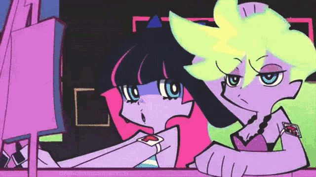 a couple of cartoon characters are standing next to each other and one of them has a watch on her wrist .