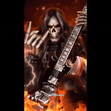 a poster of a skeleton holding a guitar with the word metallieur in red letters