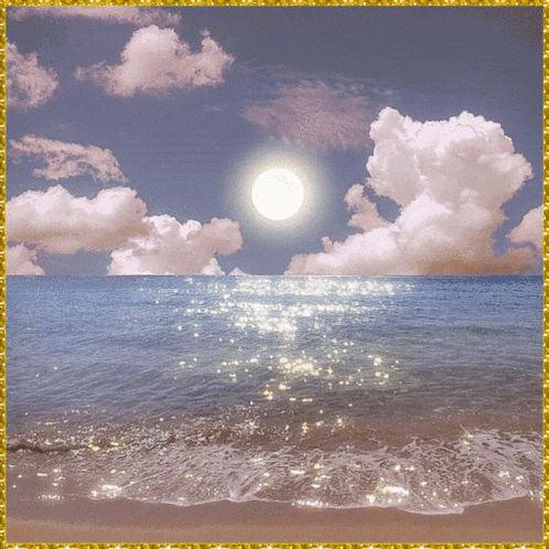 a picture of a beach with a full moon in the sky