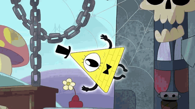 bill cipher from gravity falls is laying on the ground with a flower in front of him