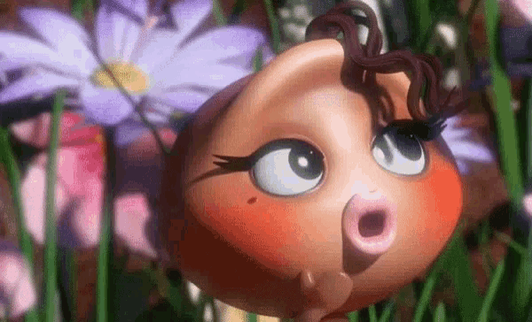 a cartoon character is standing in a field of flowers