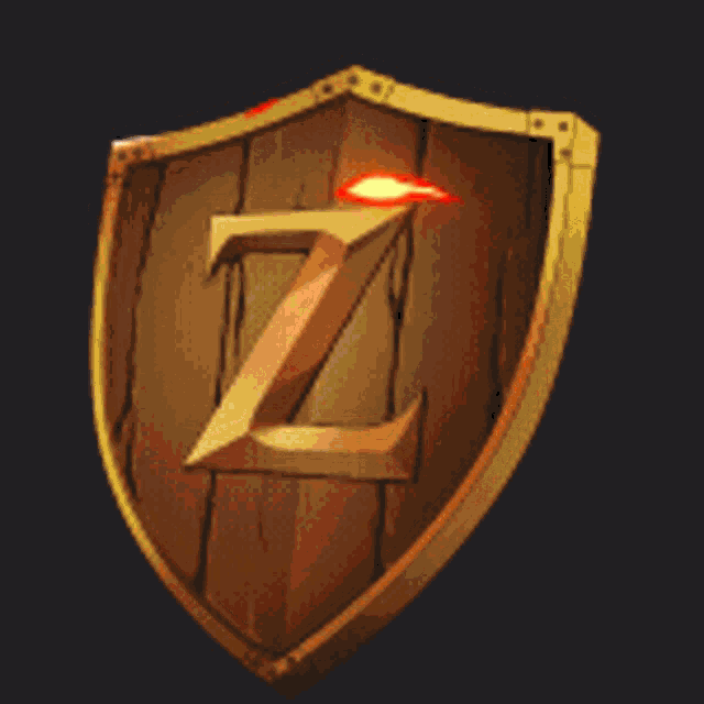 a wooden shield with the letter z surrounded by fire