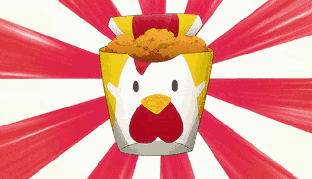 a bucket of fried chicken with a cartoon chicken face on it