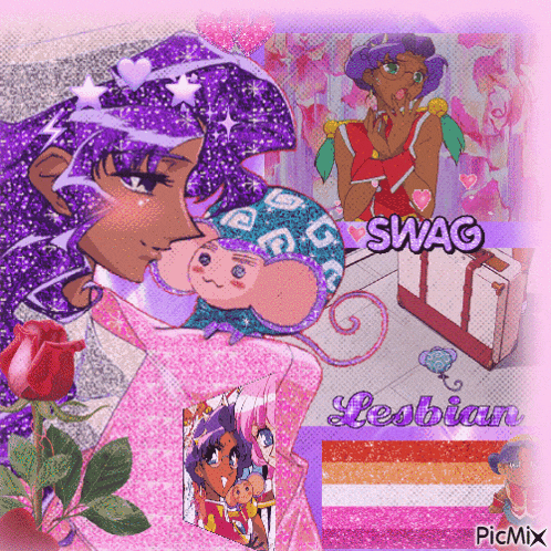 a picture of a girl with purple hair and the word swag on it