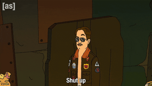 a cartoon of a man giving the middle finger with the words shut up written below him