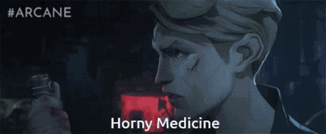 a cartoon of a man drinking from a bottle with the words horny medicine below him