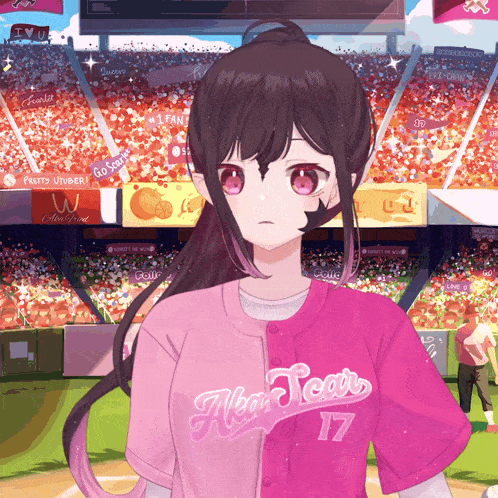 a girl is wearing a baseball jersey that says alba tears 17