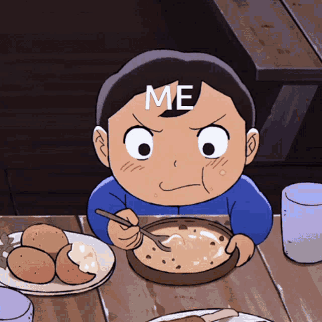 a cartoon boy sitting at a table with a bowl of food and the word me on his face