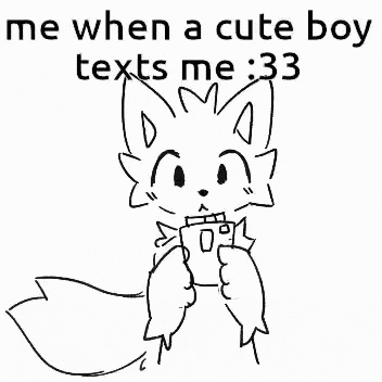a black and white drawing of a cat holding a cup with the words `` me when a cute boy texts me '' .