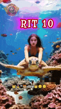 a woman is sitting on a sea turtle with the number 10 written on the bottom