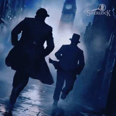 a poster for sherlock shows two men running down a dark street