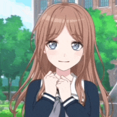 a girl with long brown hair is wearing a school uniform and tie