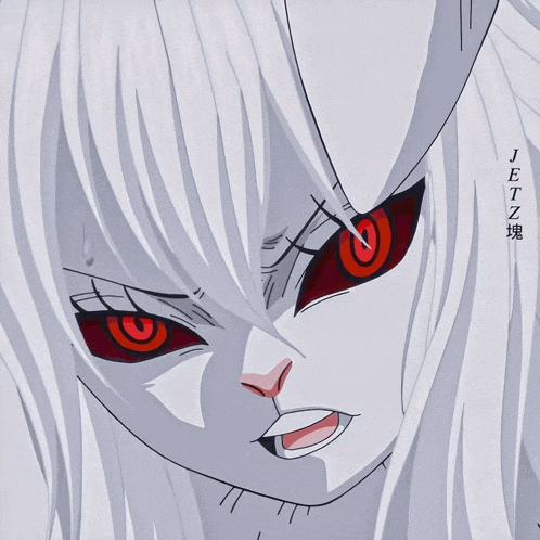 a close up of a white anime character with red eyes and the name jetz on the bottom
