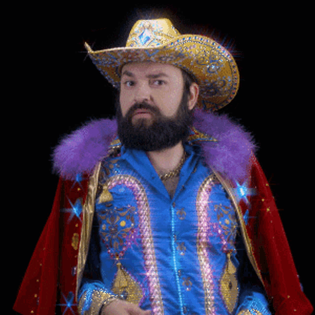 a man with a beard wearing a cowboy hat and a blue shirt