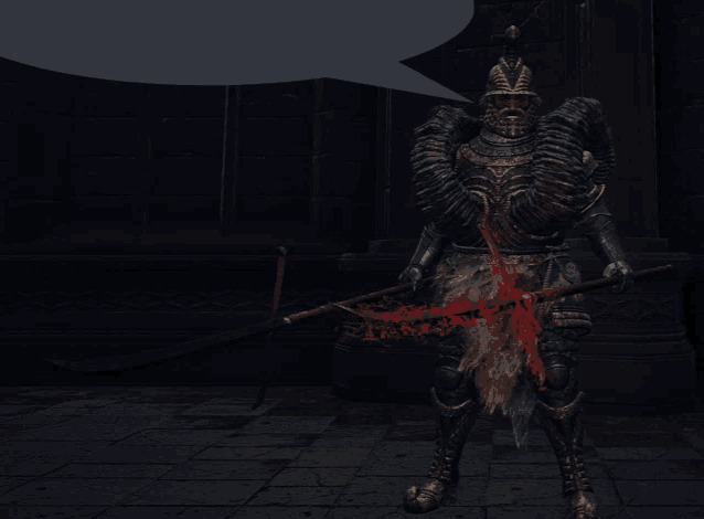 a knight with a sword and a speech bubble above him