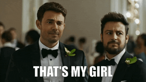 two men in tuxedos are standing next to each other with the words that 's my girl on the bottom