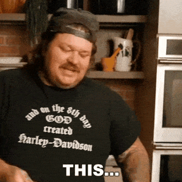 a man wearing a harley davidson shirt says this