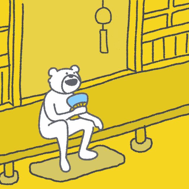 a cartoon drawing of a bear sitting on a bench