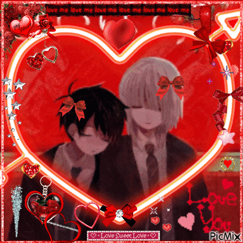 a picture of a boy and girl in a heart frame with the words love me love me love me love me love me