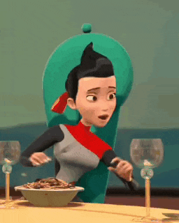 a cartoon character is sitting at a table with a bowl of noodles on it .