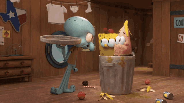spongebob and patrick are in a trash can with a banana peel in it