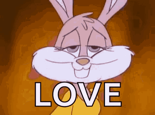 a cartoon rabbit with a sad look on its face and the word love .