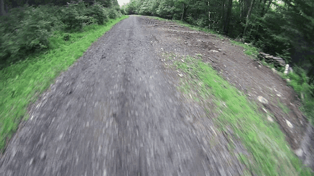 a blurred image of a dirt road with grass on the side