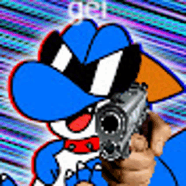 a cartoon character is holding a gun in his hand and wearing a blue hat .