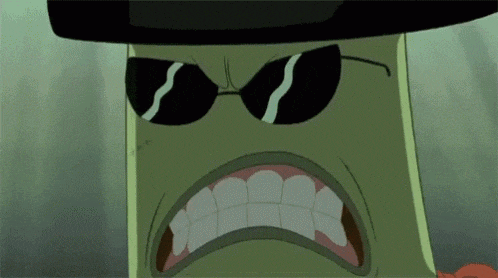 a cartoon character wearing sunglasses and a hat looks angry