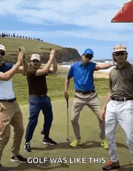 a group of men are dancing on a golf course while holding golf clubs .