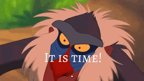 a cartoon baboon with the words " it is time " on the bottom