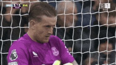 a soccer player in a purple jersey stands in front of the net
