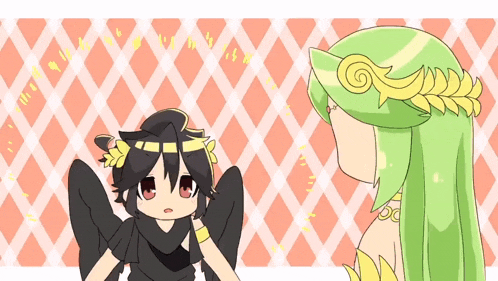 a cartoon of a girl with green hair standing next to a girl with black hair