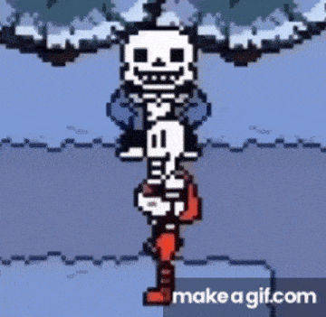 a pixel art of sans and papyrus standing next to each other in a snowy forest .